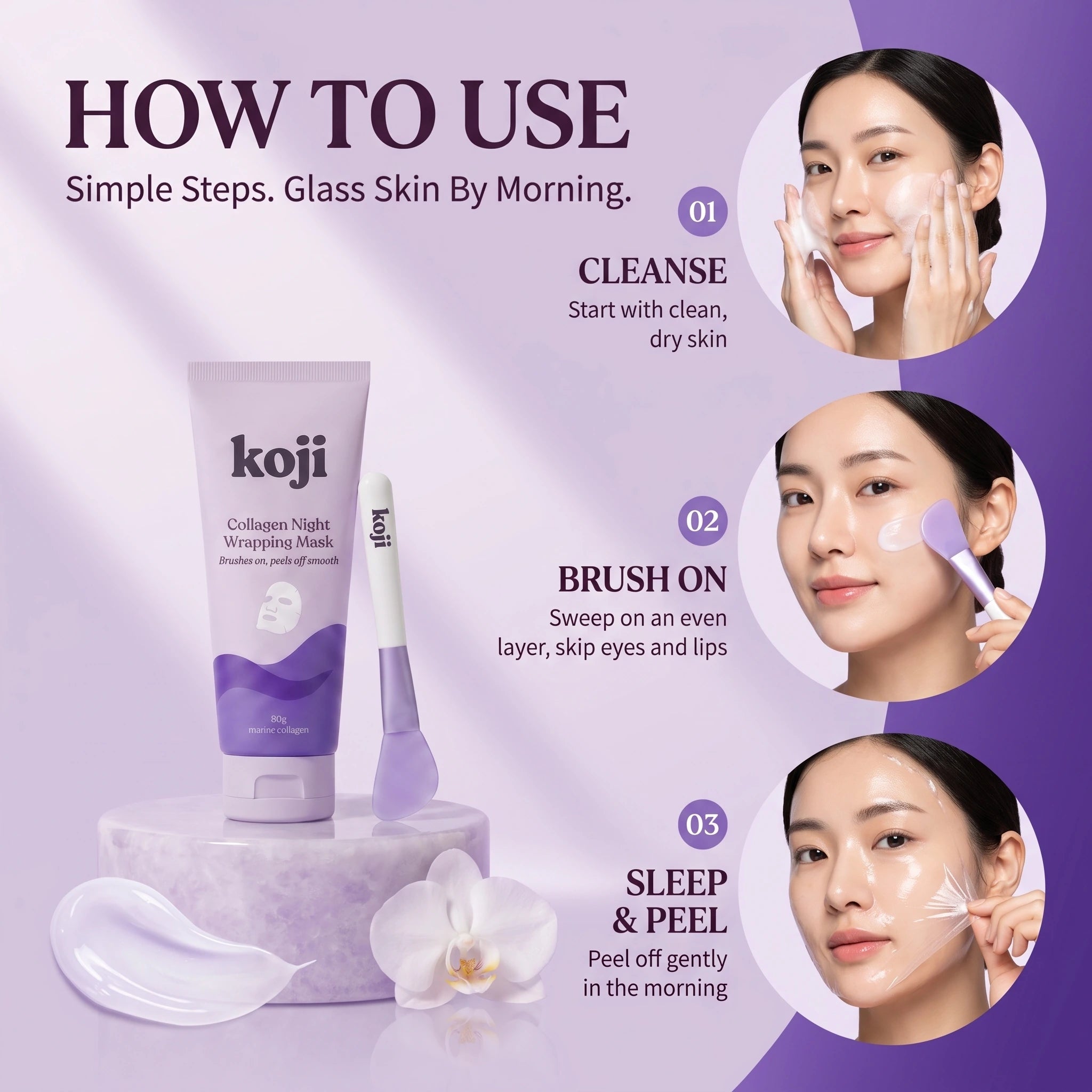 How to use — cleanse, brush on, sleep and peel